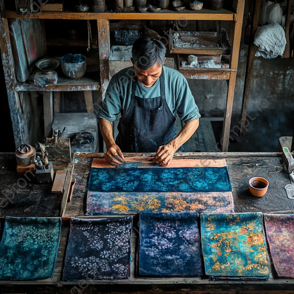 Textile worker dyeing linen using vibrant natural pigments. - Image 1