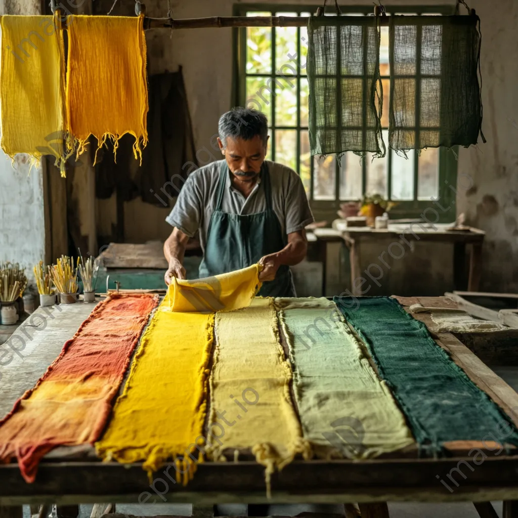 Textile worker dyeing linen using vibrant natural pigments. - Image 2