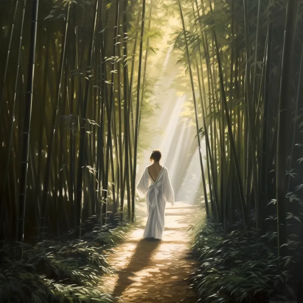 Peaceful bamboo grove on a misty morning with sunlight - Image 1