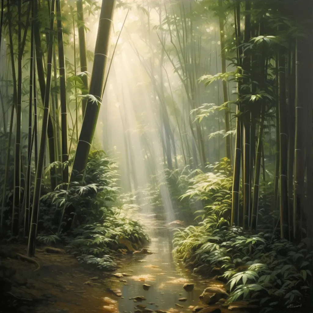 Peaceful bamboo grove on a misty morning with sunlight - Image 3