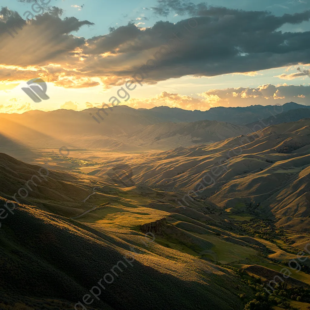 Mountain pass view during golden hour with shadows - Image 1