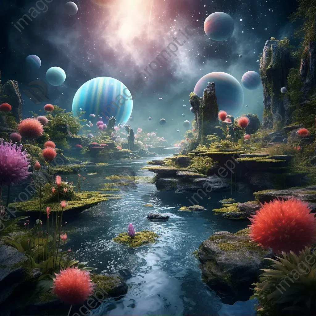 Celestial garden with planets and cosmic waterfalls - Image 1