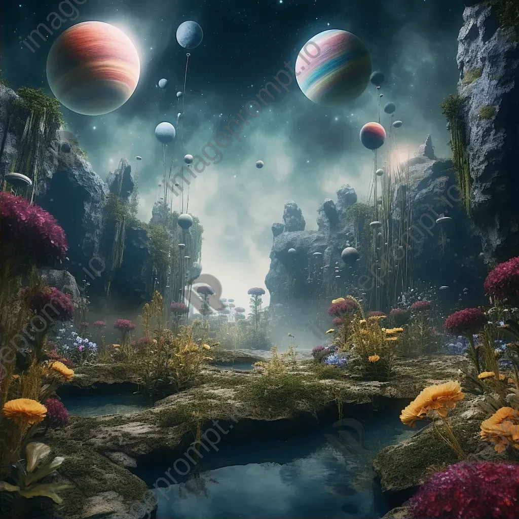 Celestial garden with planets and cosmic waterfalls - Image 2