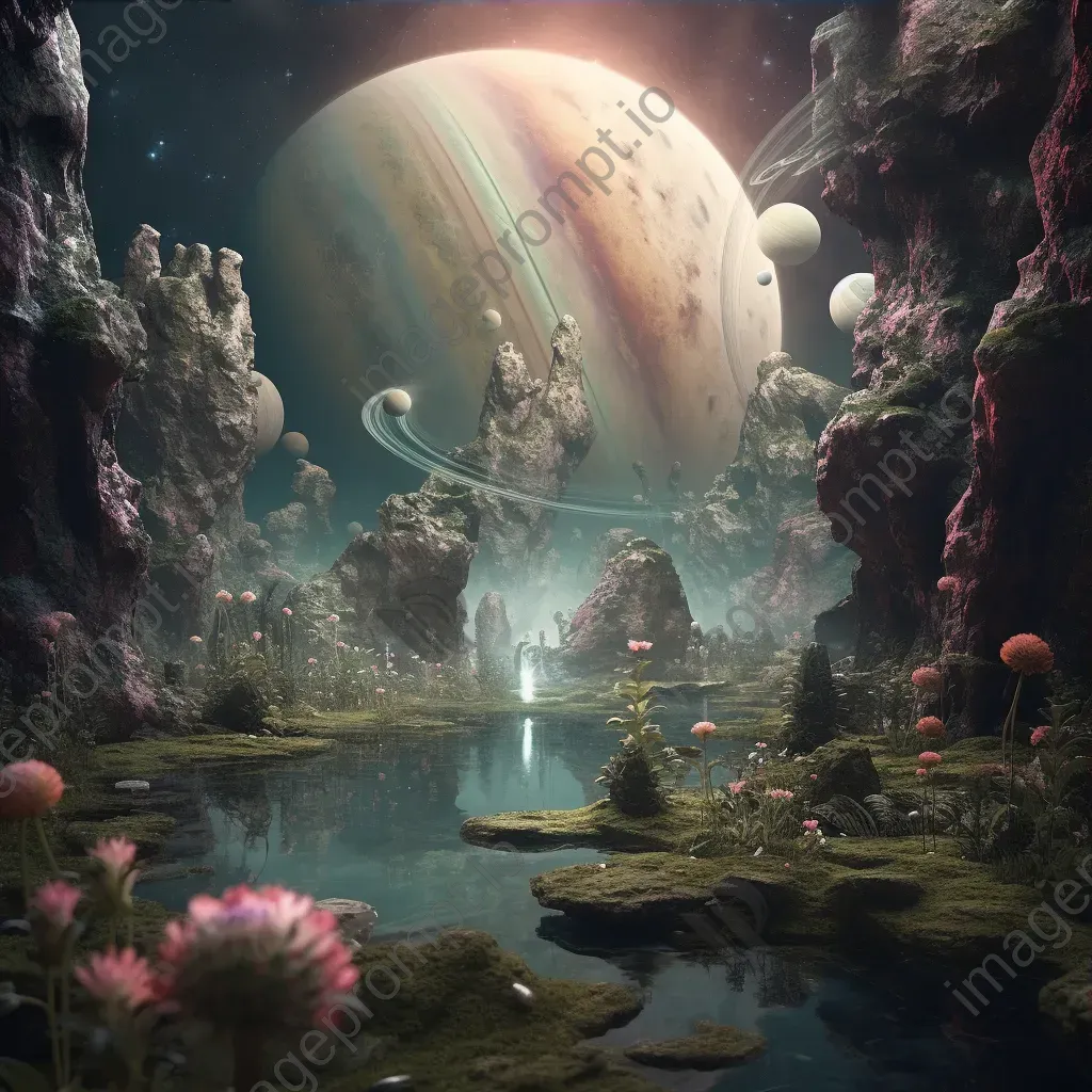 Celestial garden with planets and cosmic waterfalls - Image 3