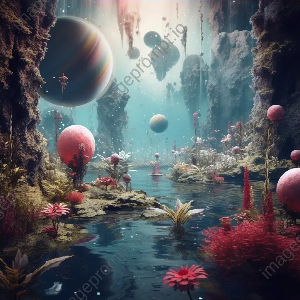 Celestial garden with planets and cosmic waterfalls - Image 4