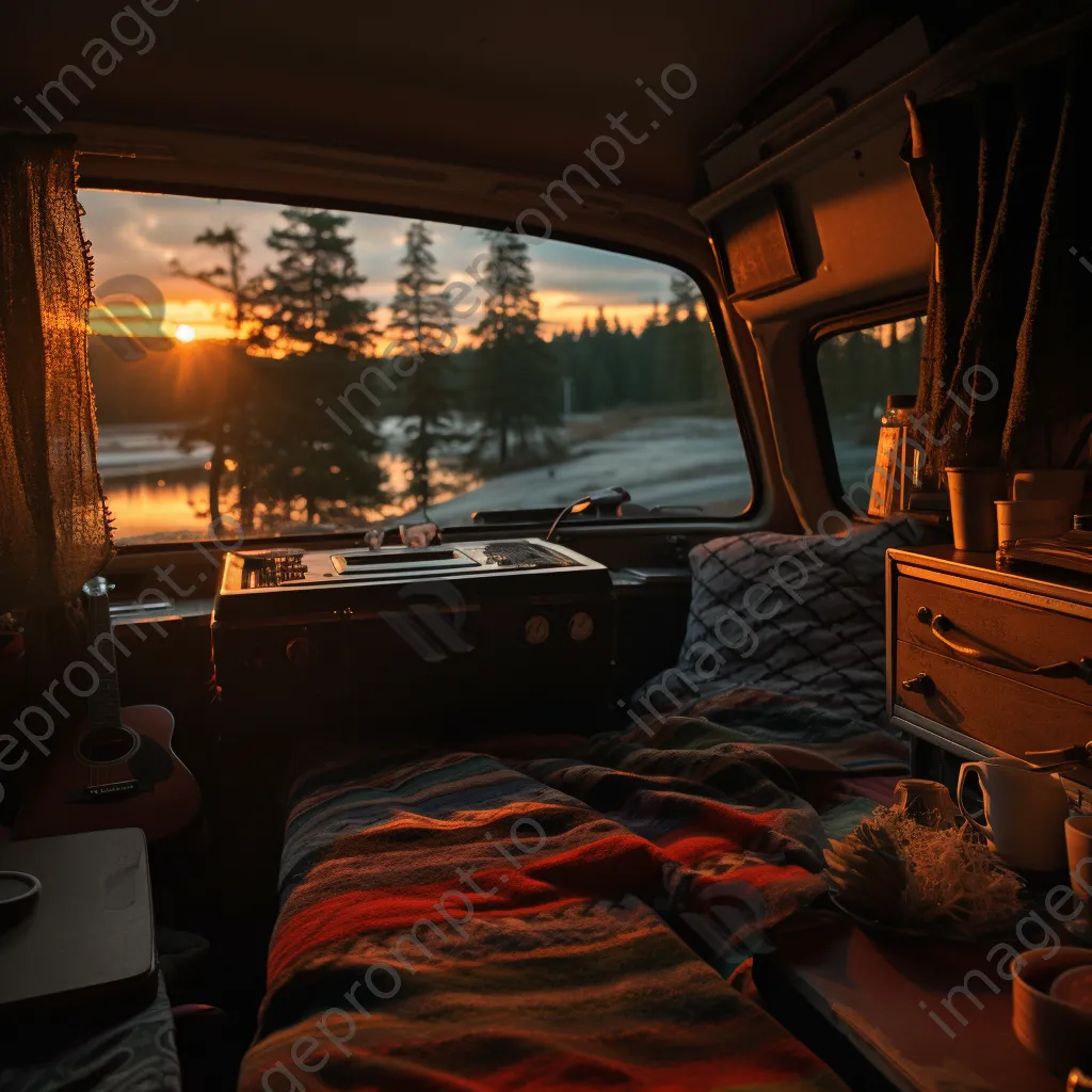 Cozy van interior with an open door and sunset view - Image 1