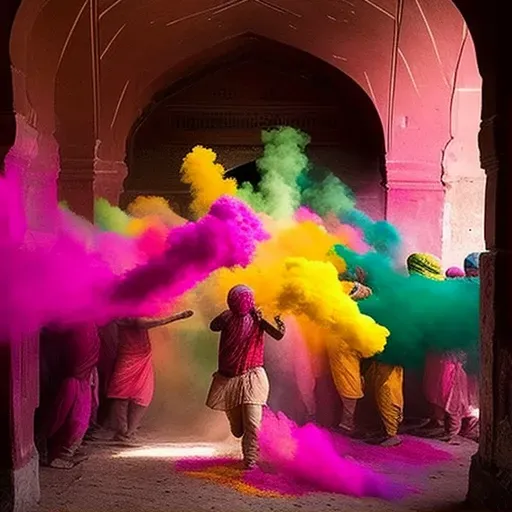 Image of a colorful Holi celebration with people throwing powders in the air - Image 1