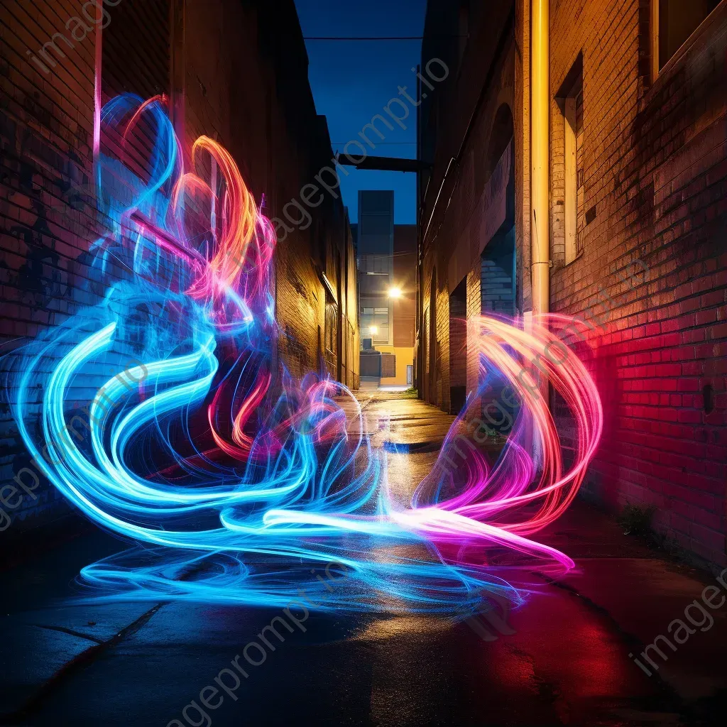 Urban alleyway with vibrant light streaks in abstract painting - Image 1