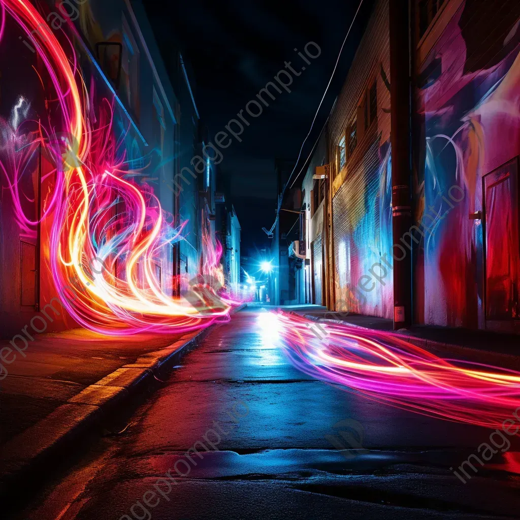 Urban alleyway with vibrant light streaks in abstract painting - Image 2