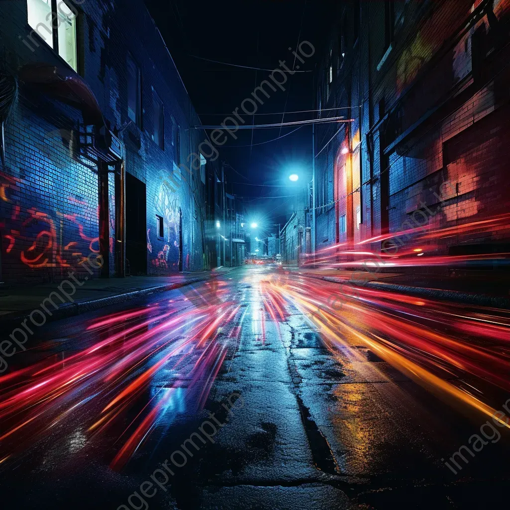 Urban alleyway with vibrant light streaks in abstract painting - Image 3