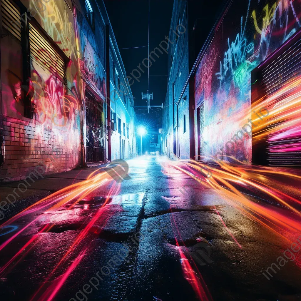 Urban alleyway with vibrant light streaks in abstract painting - Image 4