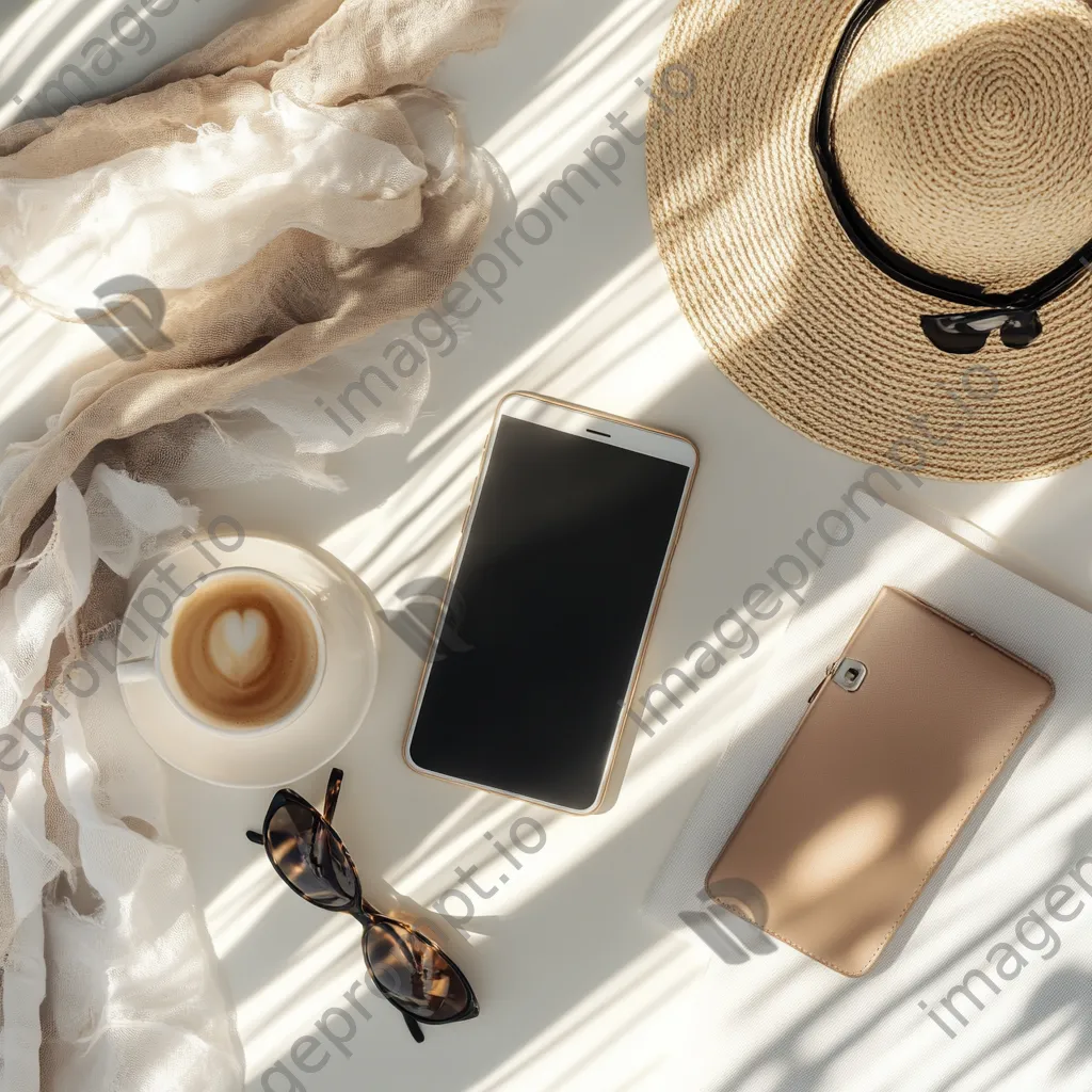 Top-down view of a smartphone with fashion accessories on a minimalist backdrop - Image 1