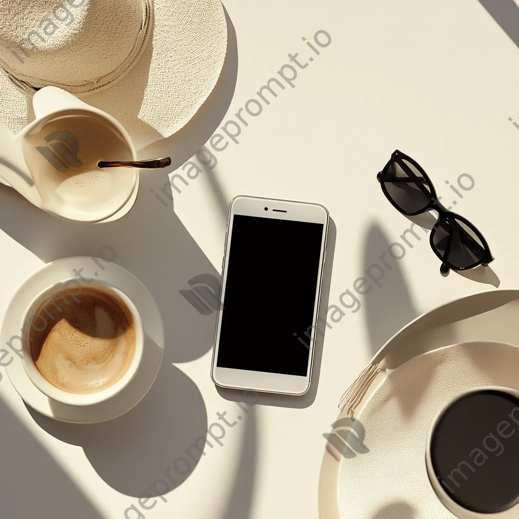 Top-down view of a smartphone with fashion accessories on a minimalist backdrop - Image 2