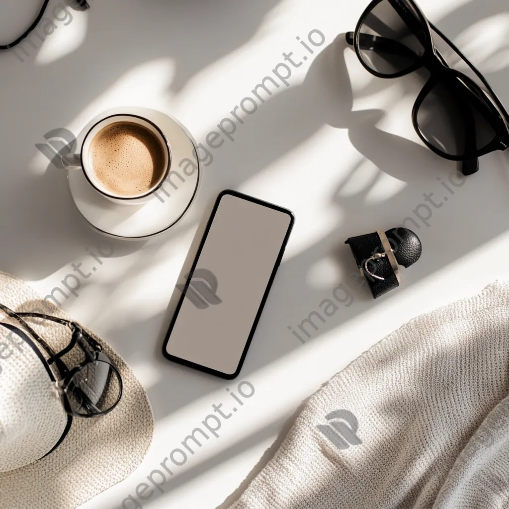 Top-down view of a smartphone with fashion accessories on a minimalist backdrop - Image 3