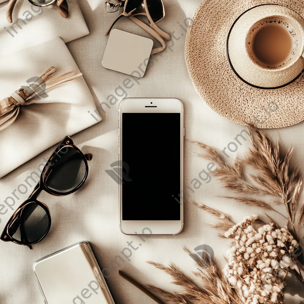 Top-down view of a smartphone with fashion accessories on a minimalist backdrop - Image 4