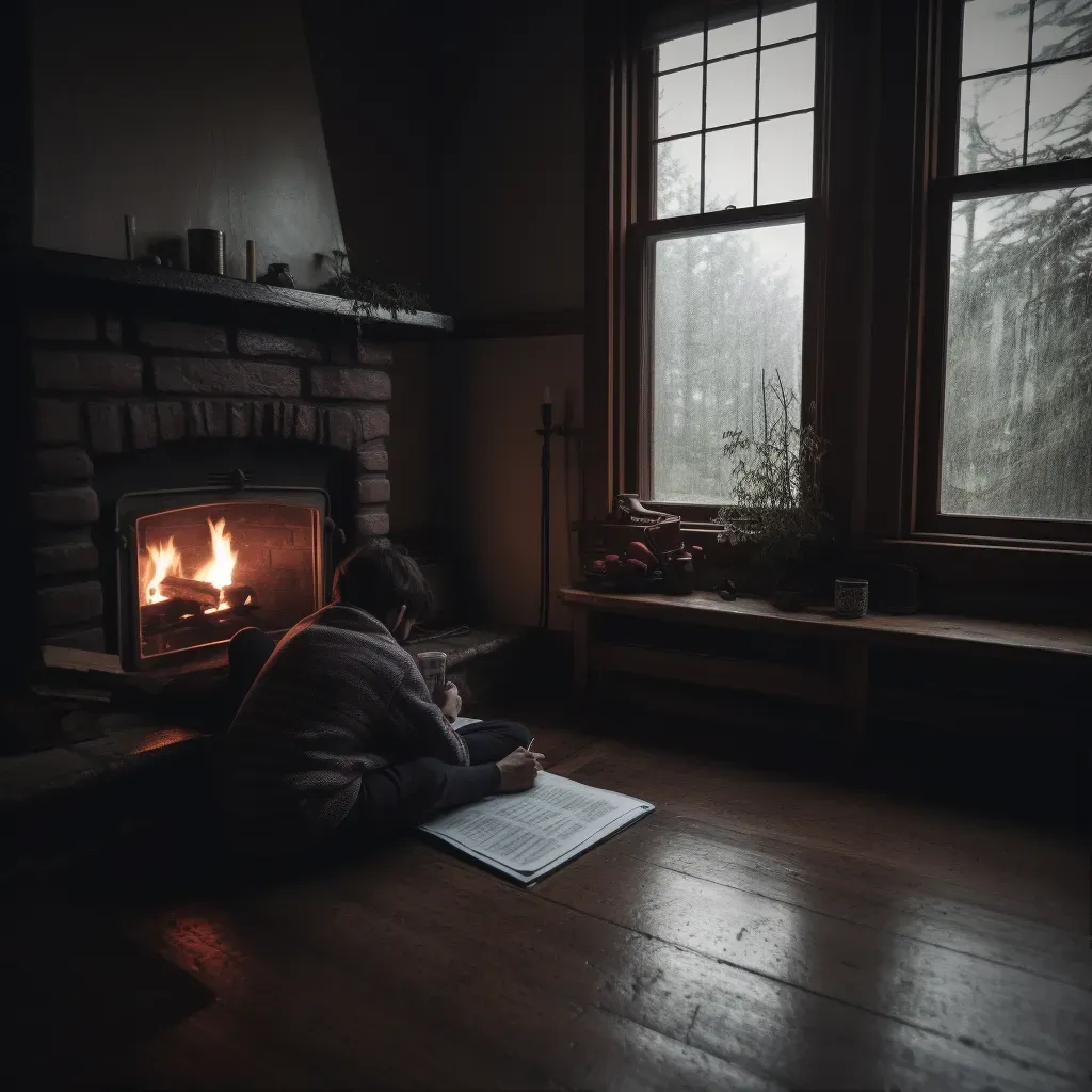 A person journaling by a cozy fireplace on a rainy day - Image 1