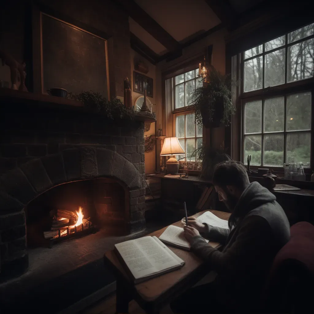 A person journaling by a cozy fireplace on a rainy day - Image 2