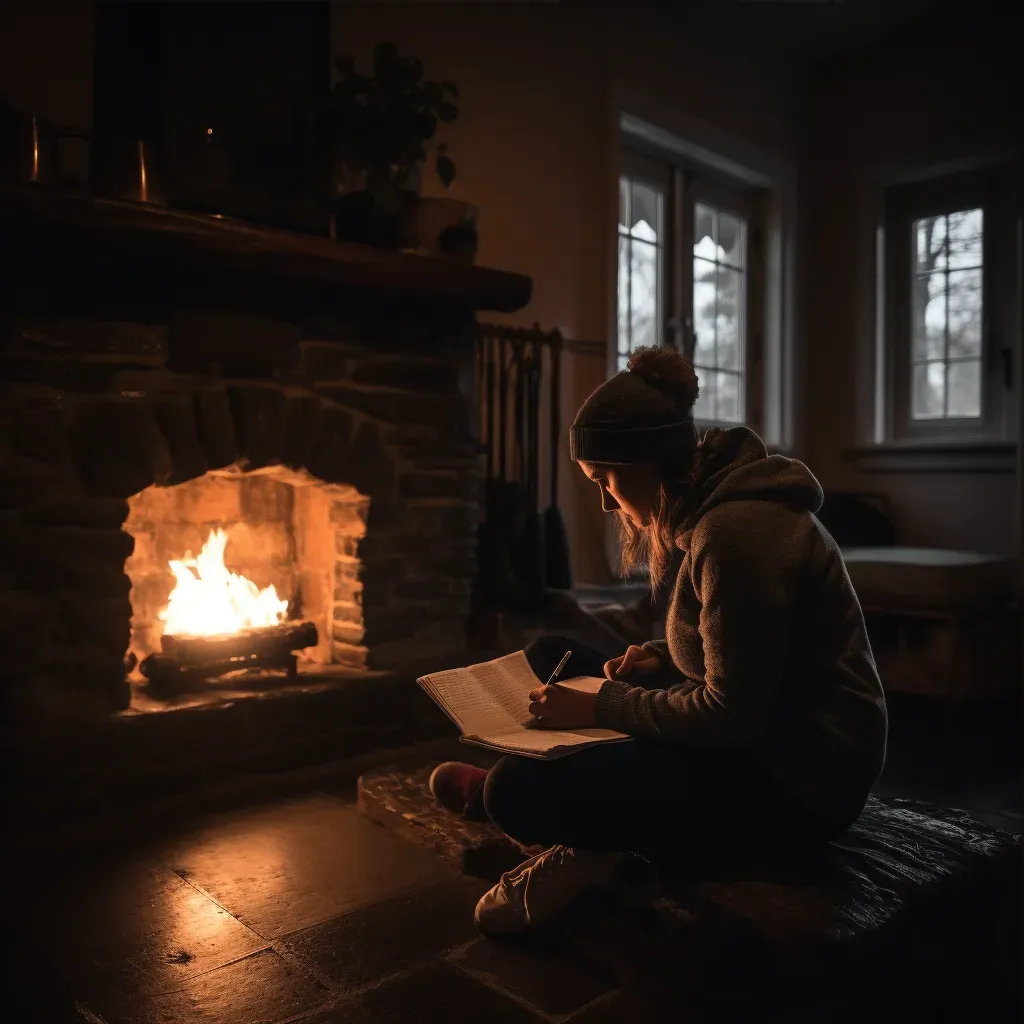 A person journaling by a cozy fireplace on a rainy day - Image 3