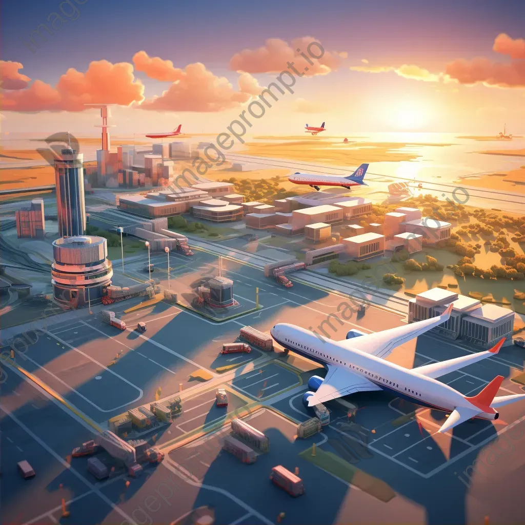 Isometric view of a low poly bustling airport at sunset - Image 2