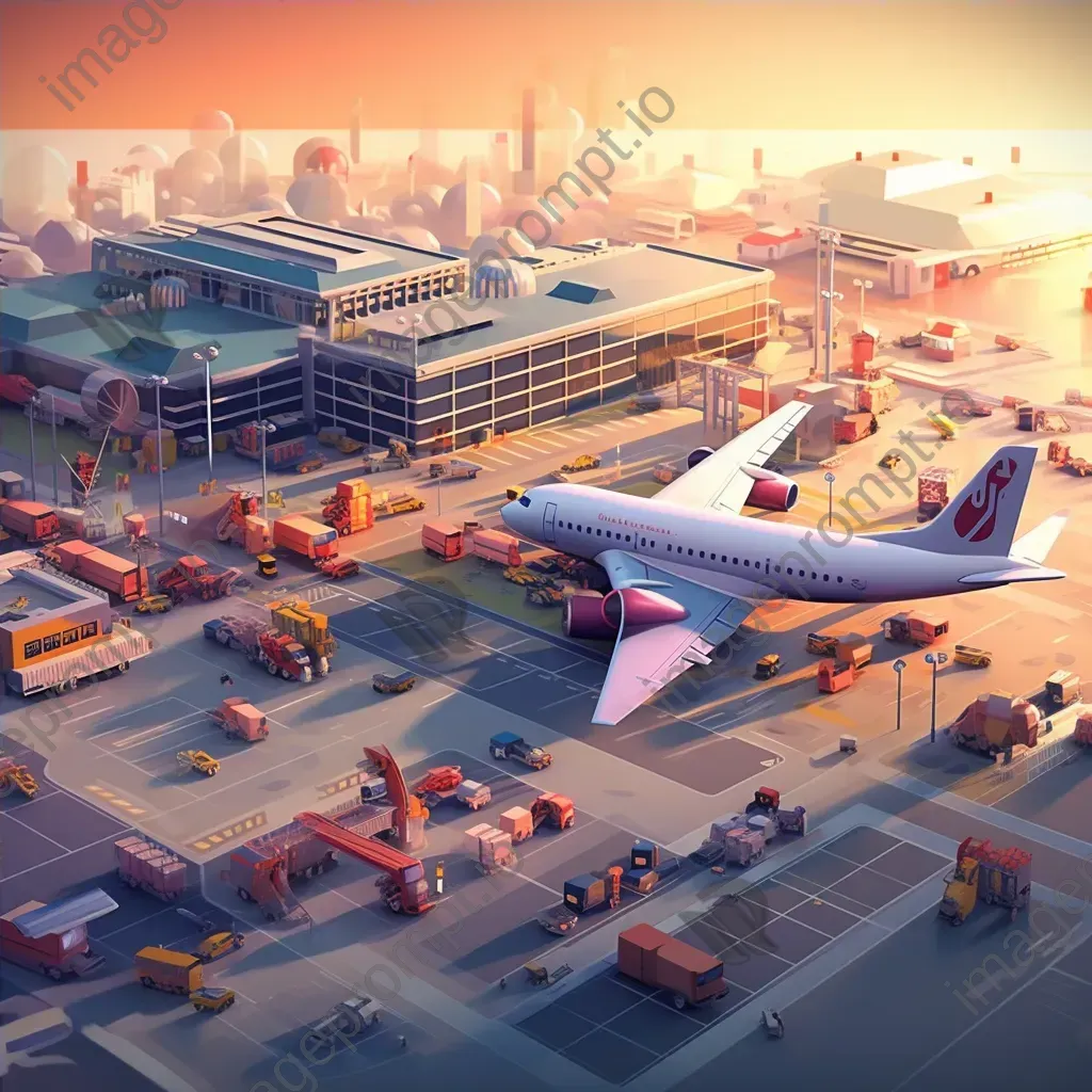 Isometric view of a low poly bustling airport at sunset - Image 4