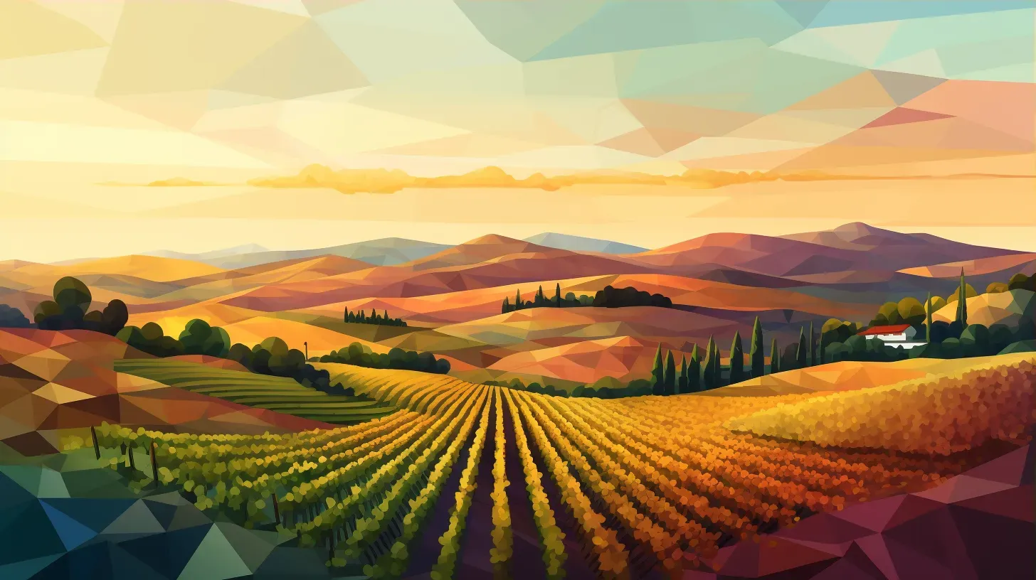 Isometric view of a low poly vineyard bathed in sunset light - Image 3