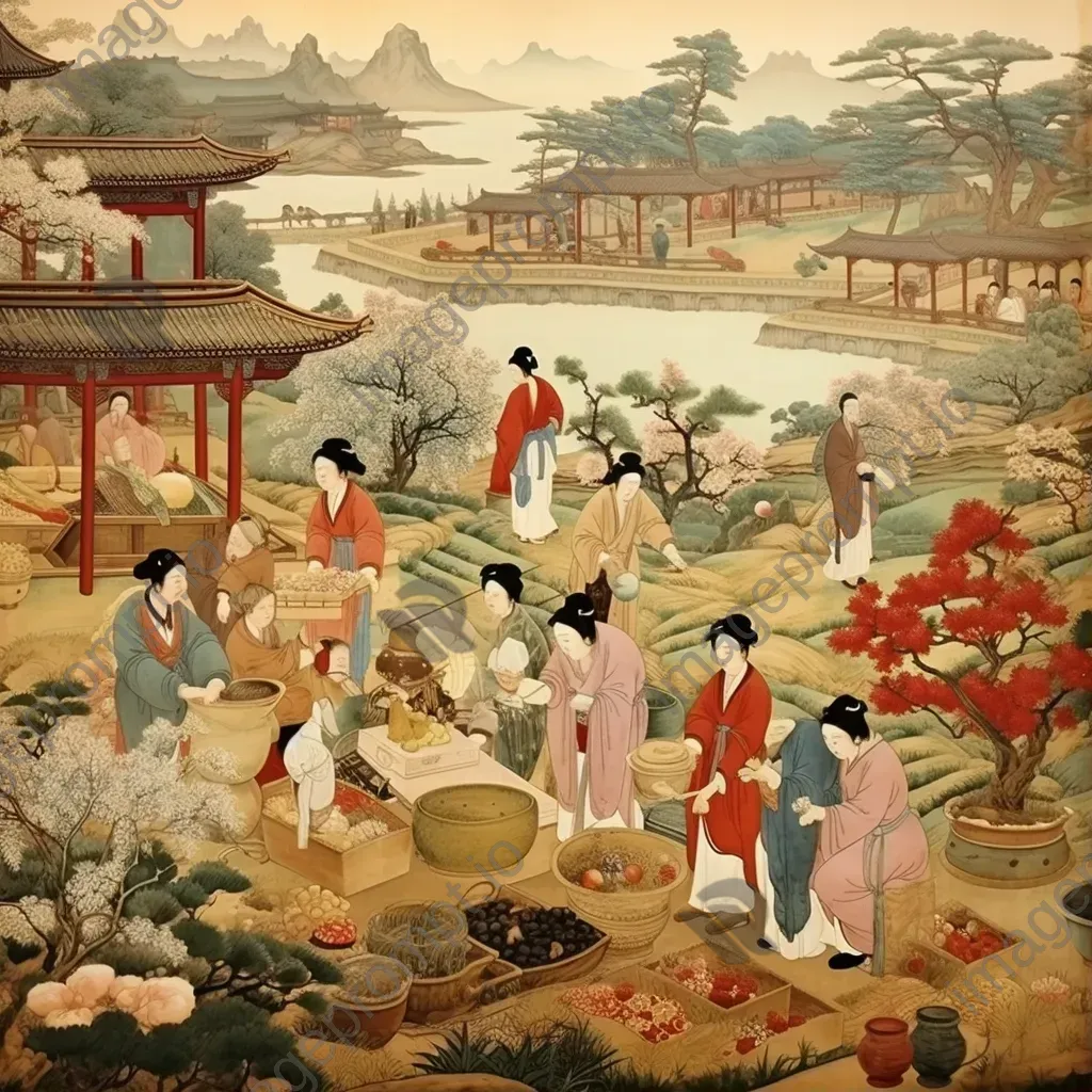 Silk scroll painting of a vibrant Tang Dynasty scene with markets and gardens - Image 1