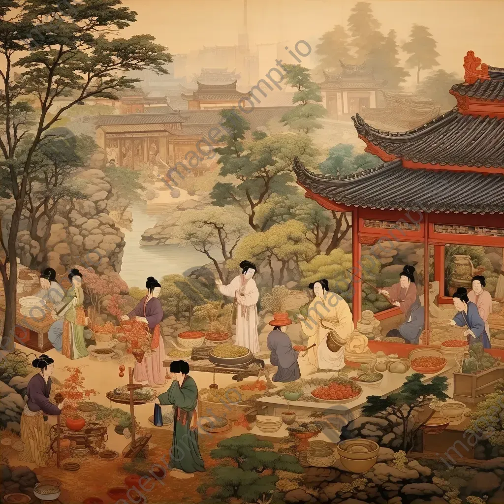 Silk scroll painting of a vibrant Tang Dynasty scene with markets and gardens - Image 2