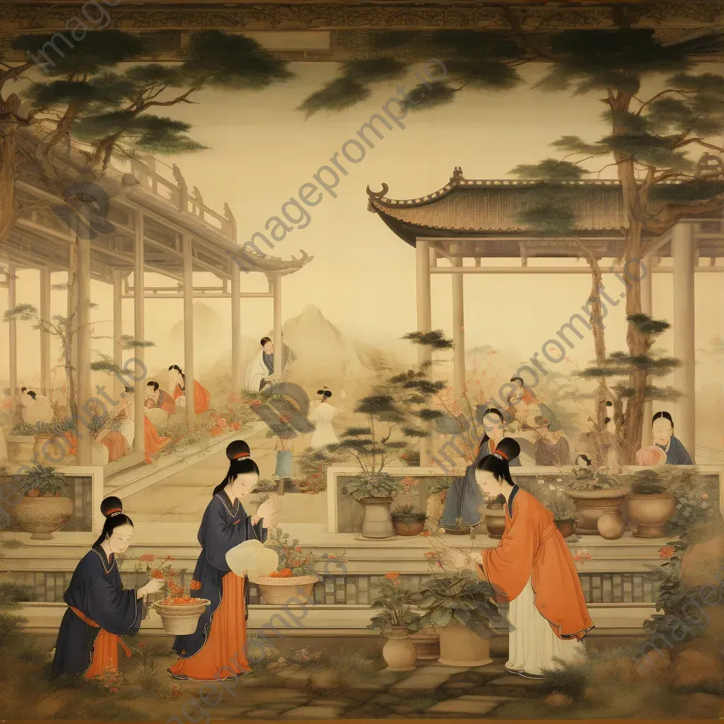 Silk scroll painting of a vibrant Tang Dynasty scene with markets and gardens - Image 3