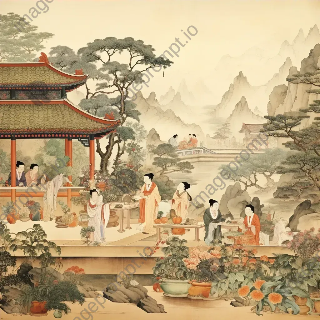 Silk scroll painting of a vibrant Tang Dynasty scene with markets and gardens - Image 4