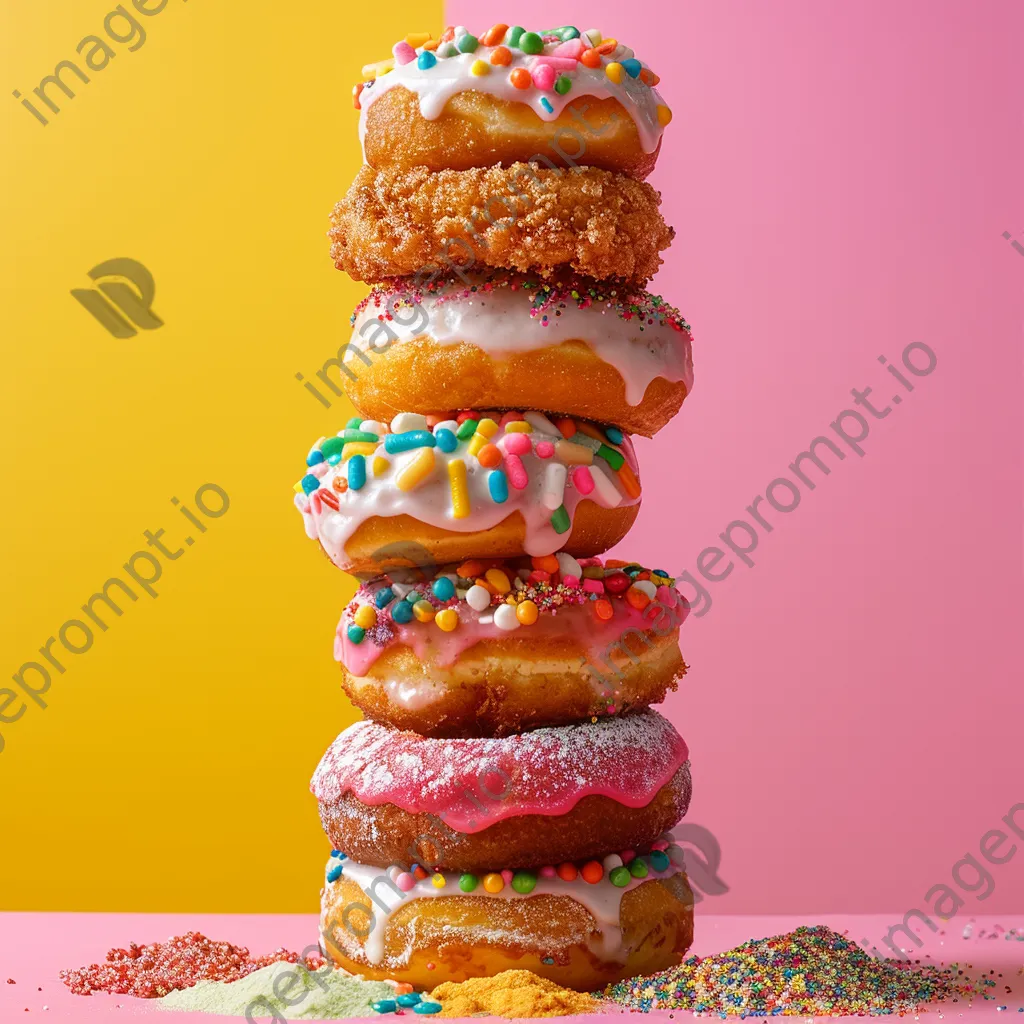 Stacked assortment of colorful doughnuts - Image 1