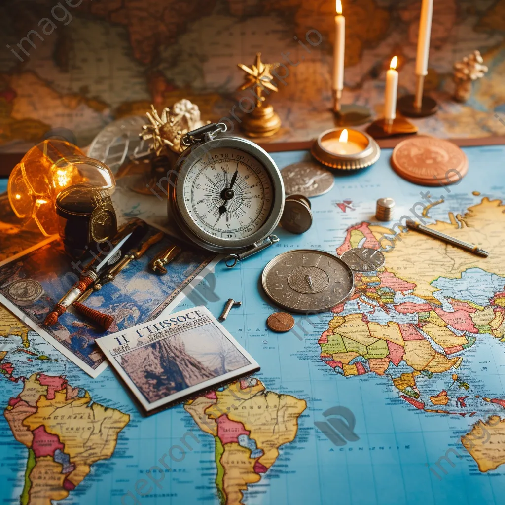 Close-up of a passport, vintage map, and travel stickers on a flat surface. - Image 1