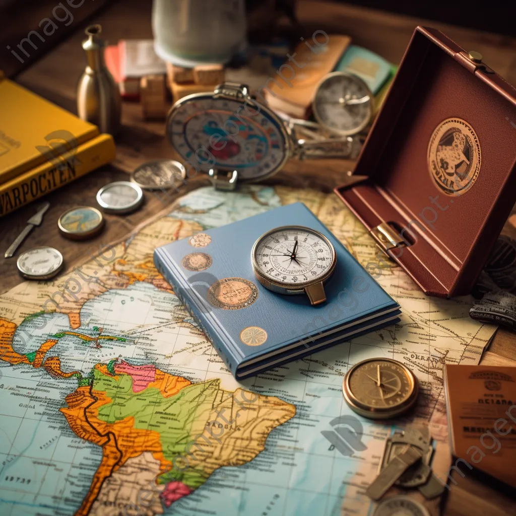 Close-up of a passport, vintage map, and travel stickers on a flat surface. - Image 2