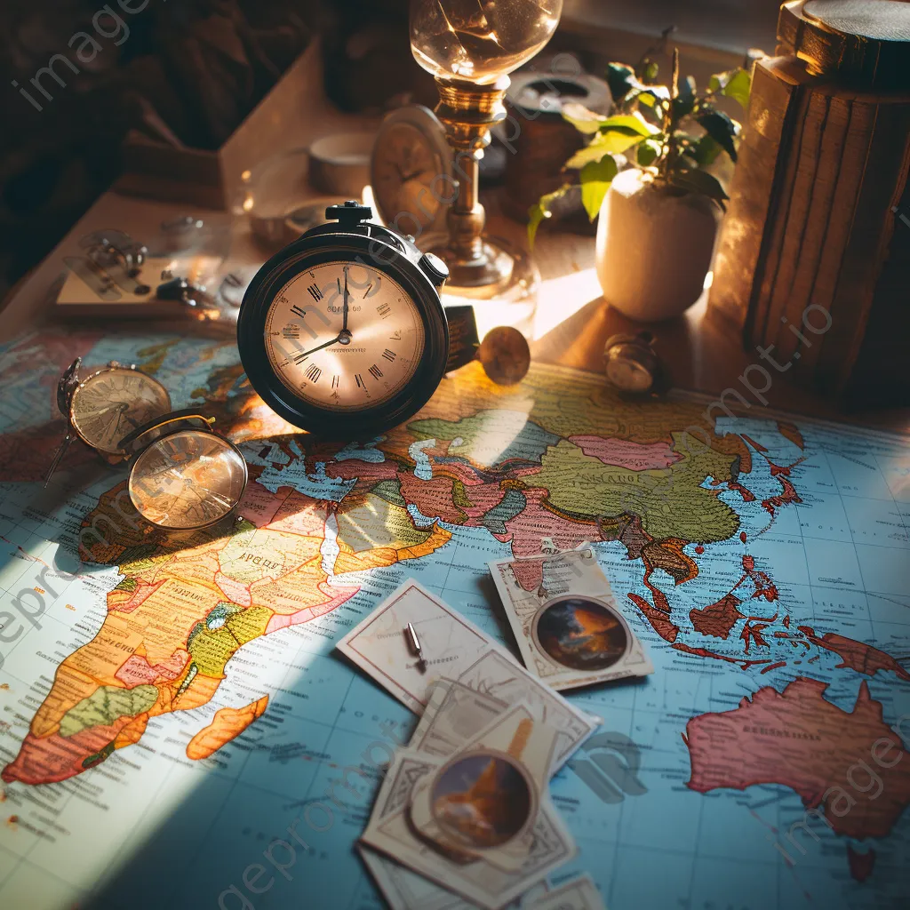 Close-up of a passport, vintage map, and travel stickers on a flat surface. - Image 3