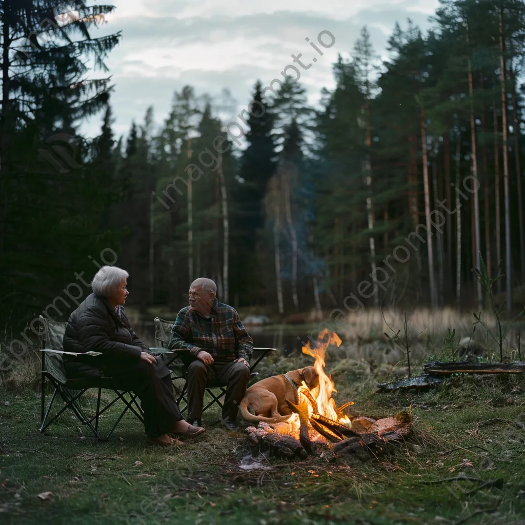 Elderly couple reminiscing by a bonfire with a dog - Image 1