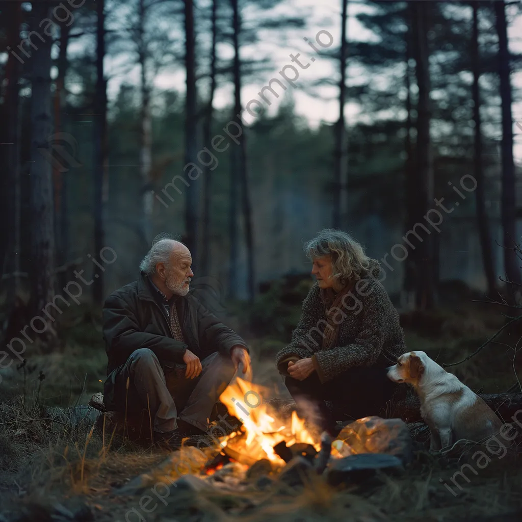 Elderly couple reminiscing by a bonfire with a dog - Image 2