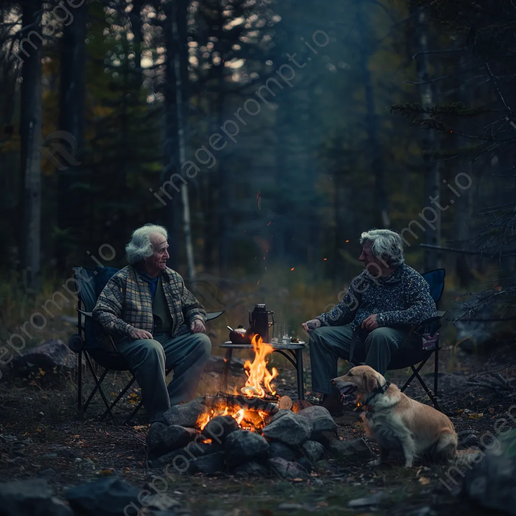 Elderly couple reminiscing by a bonfire with a dog - Image 3