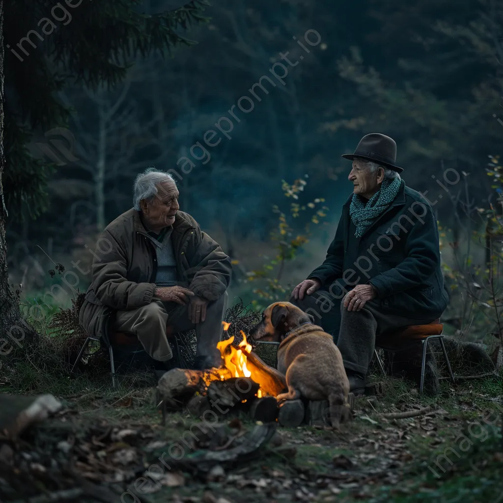 Elderly couple reminiscing by a bonfire with a dog - Image 4