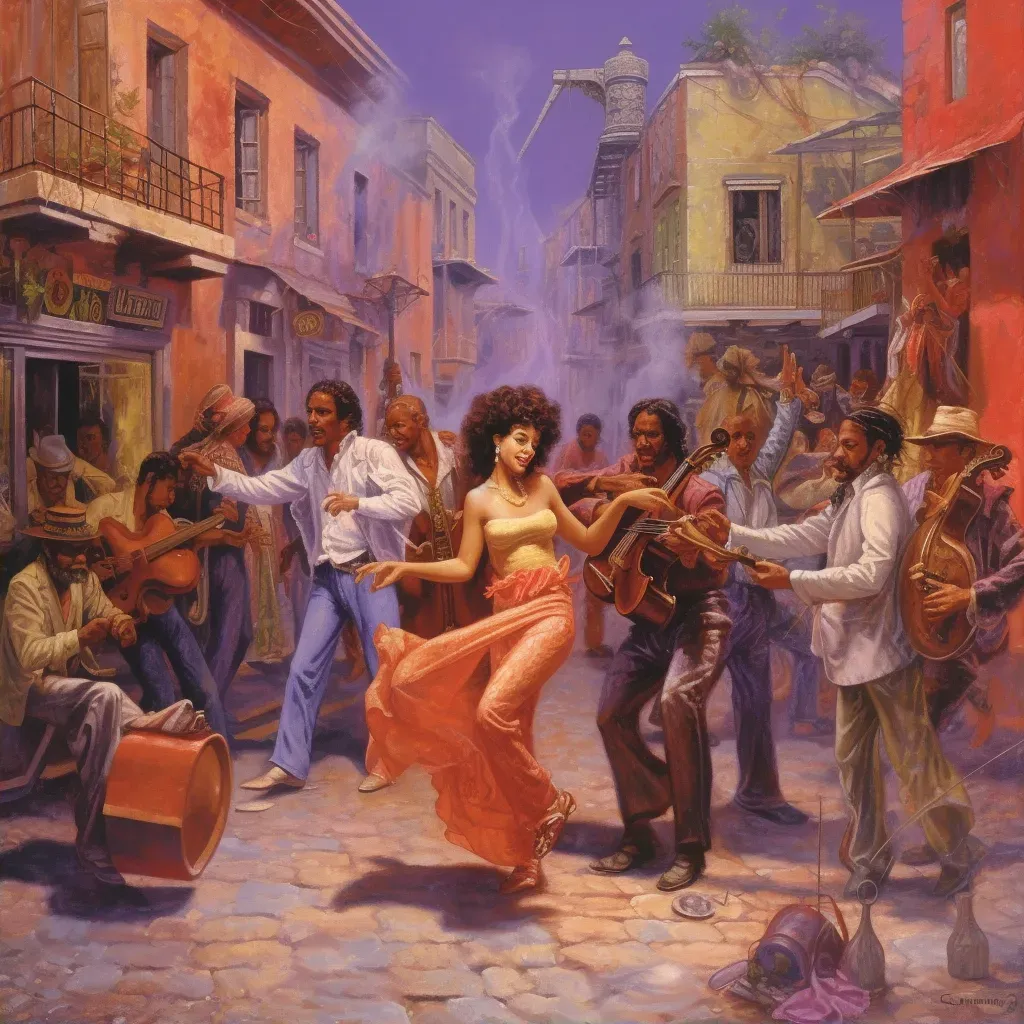 Lively salsa dance with musicians in urban setting - Image 2