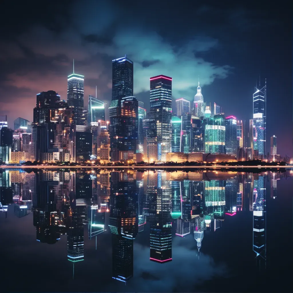 Modern city skyline reflecting in calm waters at night - Image 1