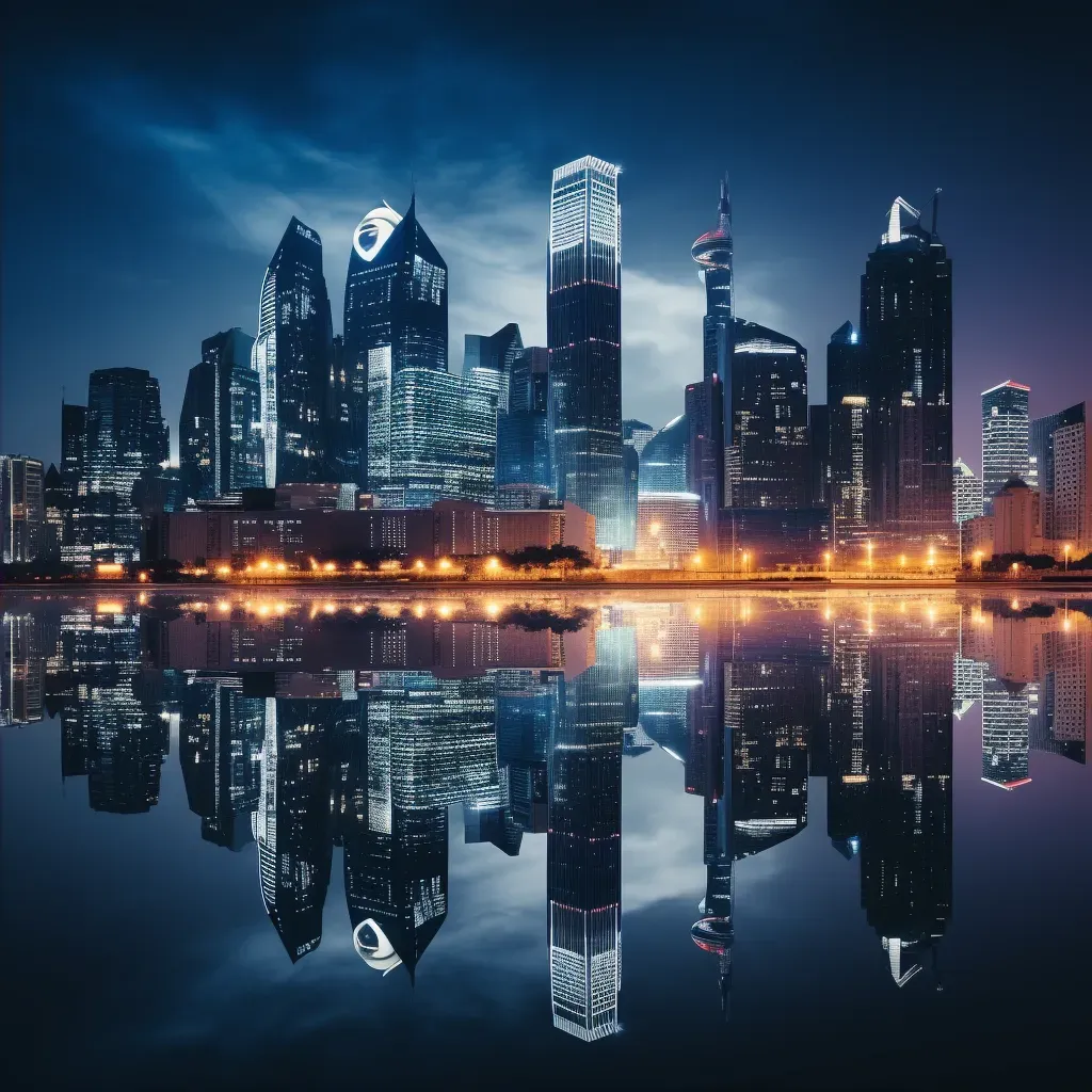 Modern city skyline reflecting in calm waters at night - Image 2