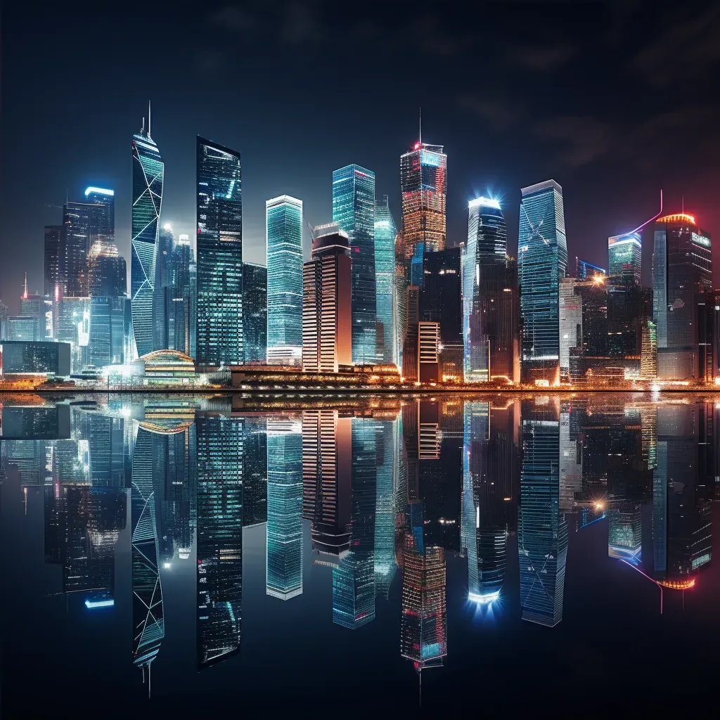 Modern city skyline reflecting in calm waters at night - Image 4