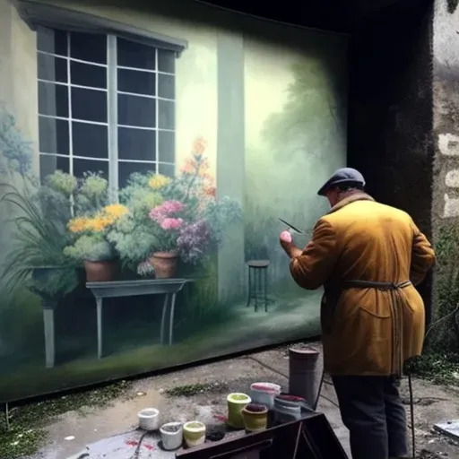 Artist spray-painting a vibrant nature scene on a gray concrete wall, bringing life to the urban landscape - Image 1