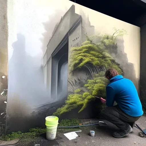 Artist spray-painting a vibrant nature scene on a gray concrete wall, bringing life to the urban landscape - Image 2