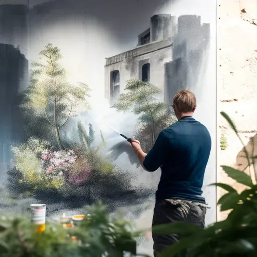 Artist spray-painting a vibrant nature scene on a gray concrete wall, bringing life to the urban landscape - Image 3