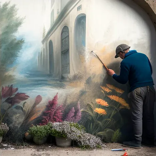 Artist spray-painting a vibrant nature scene on a gray concrete wall, bringing life to the urban landscape - Image 4