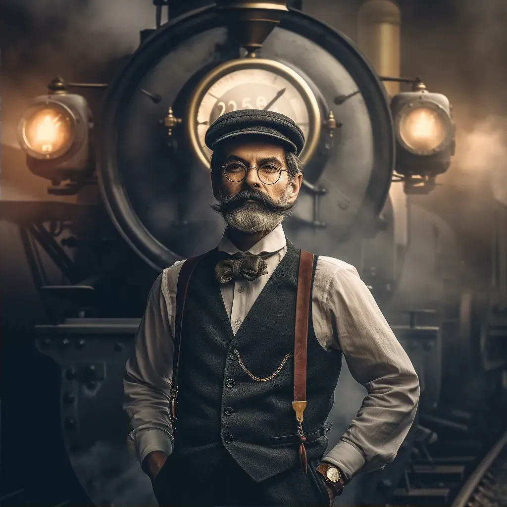 Vintage portrait of a train conductor in front of steam locomotive - Image 2