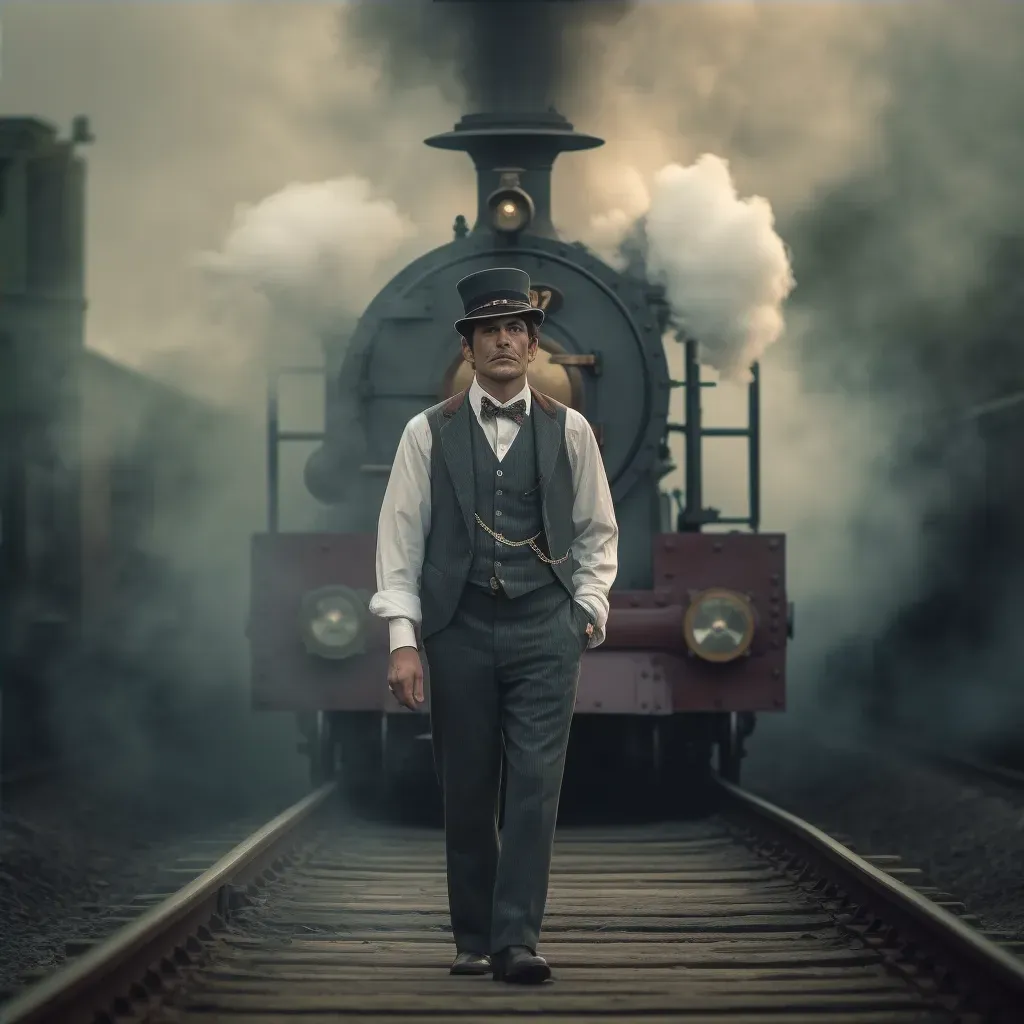 Vintage portrait of a train conductor in front of steam locomotive - Image 4