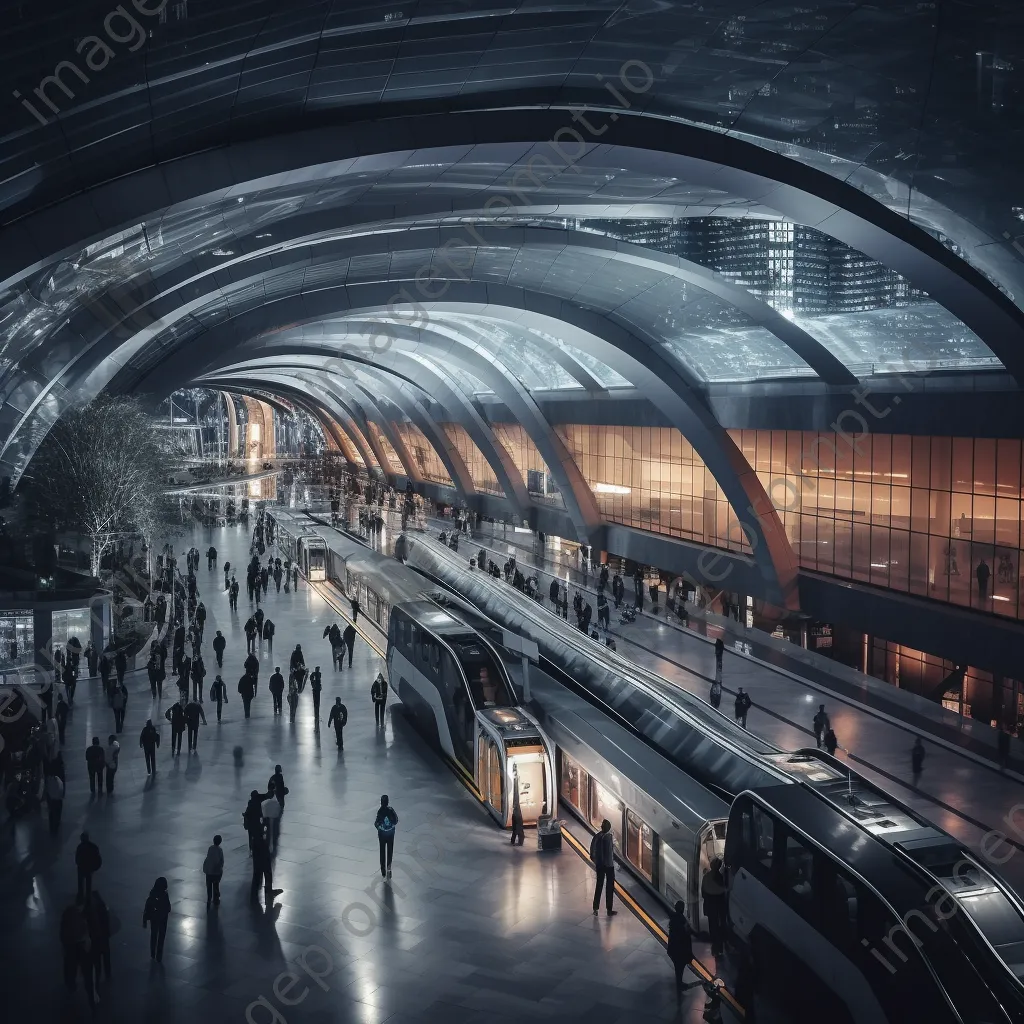 Futuristic transportation hub bustling with people and vehicles - Image 1