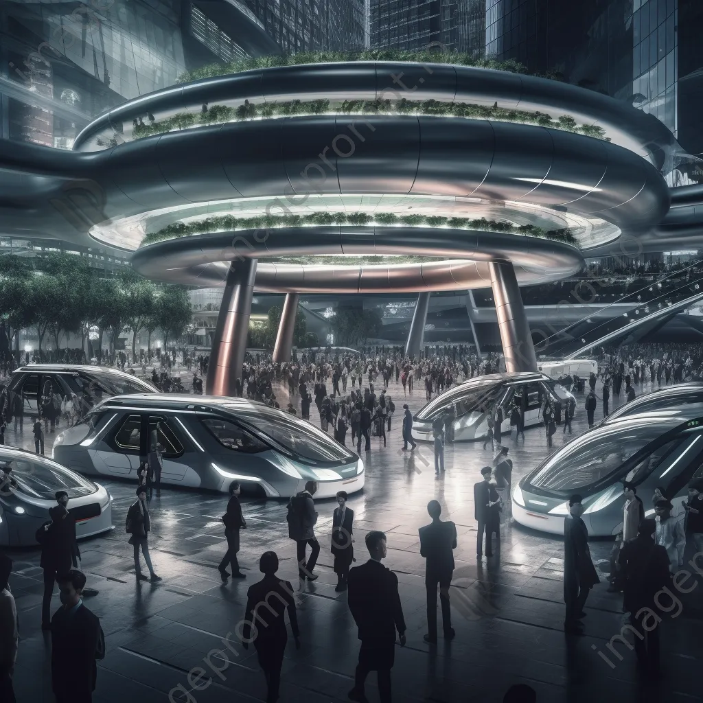 Futuristic transportation hub bustling with people and vehicles - Image 2