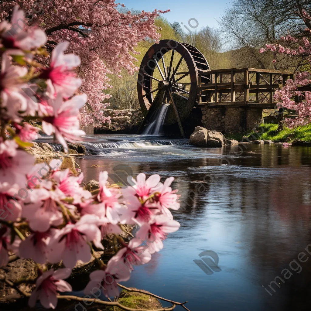 Traditional weir surrounded by spring flowers - Image 1